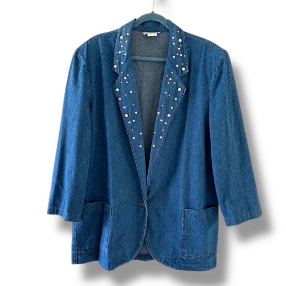 Vintage 90s Ideas Blue Denim Rhinestone Collared Blazer Women's Size XL Retro